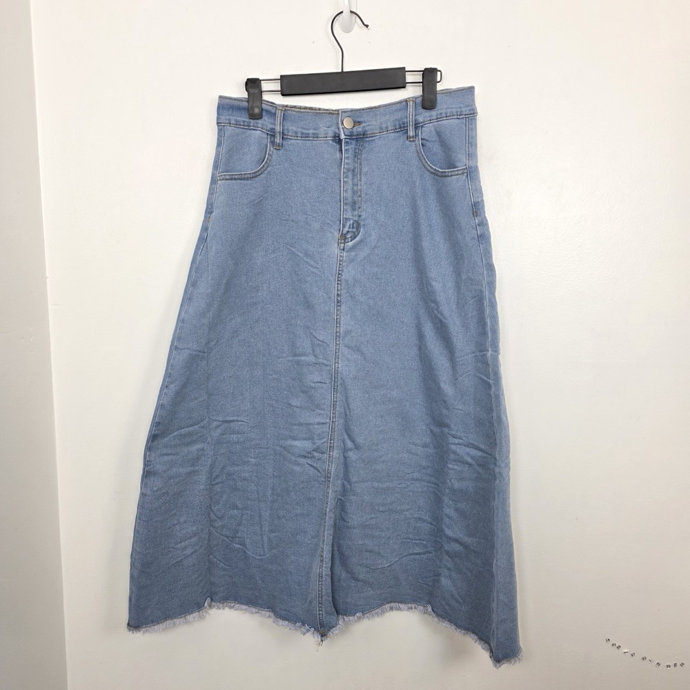 Belle Poque Light Wash Denim A-line Lightweight Raw‎ Hem Maxi Skirt Size M